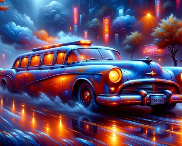 Vibrant Retro Limousine in Rainy Night City Scene