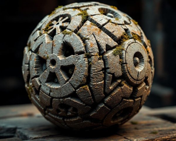 Weathered Stone Sphere with Geometric Patterns and Moss