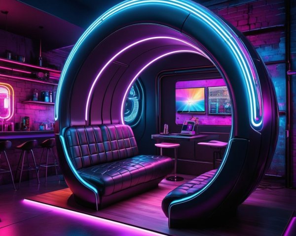Futuristic lounge with neon-lit seating and tech design