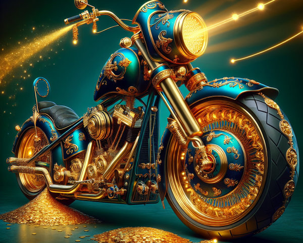 Luxurious Steampunk Motorcycle in Gold and Teal Design