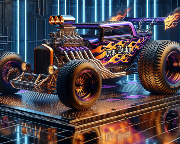 Futuristic Hot Rod with Exposed Engine and Flame Graphics