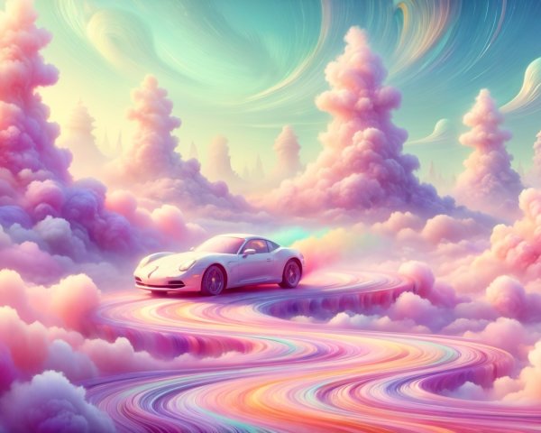 Sleek White Car on Colorful Winding Road in Dreamscape