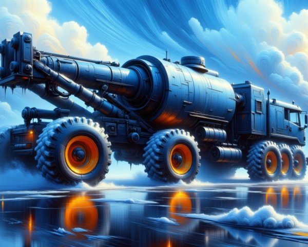 Futuristic Heavy-Duty Vehicle on Reflective Ice Surface