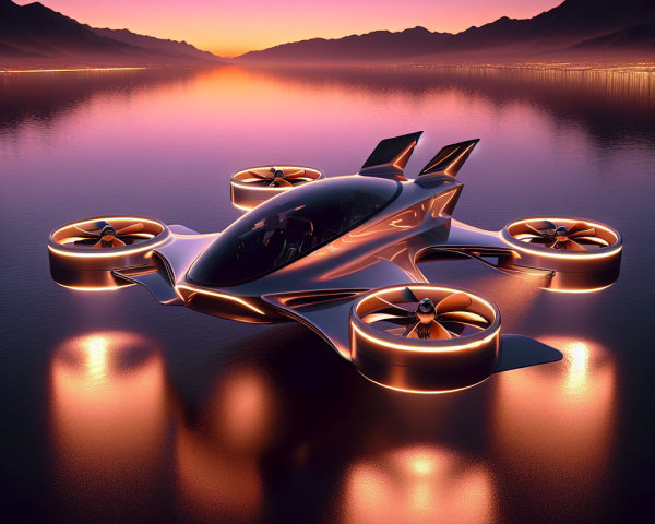 Futuristic hovercraft above tranquil lake at sunset