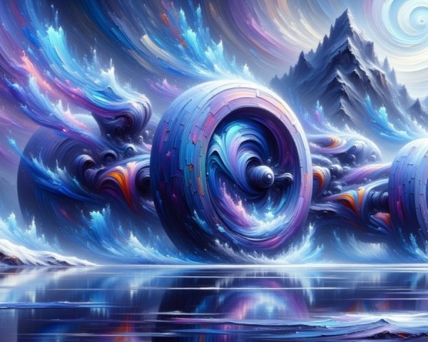 Surreal landscape with colorful wheels by a lake