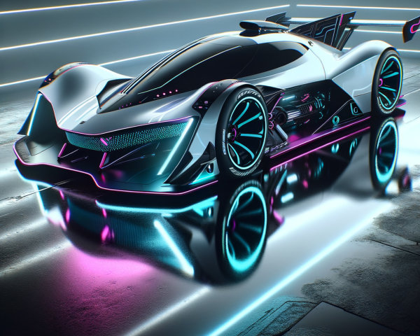 Futuristic hypercar with neon accents on wet surface