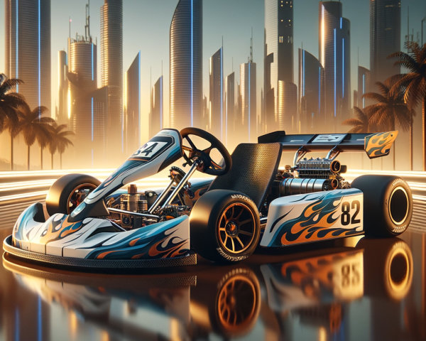 Stylized go-kart with flames design and futuristic backdrop