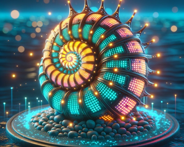 Intricate Nautilus Shell with Neon Digital Aesthetic