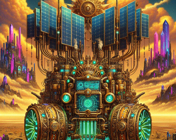 Retro-futuristic vehicle with glowing accents and solar panels