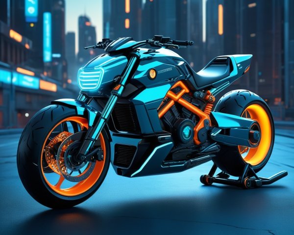 Futuristic Motorcycle with Vibrant Cityscape Background