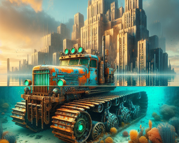 Rugged Tank-Like Vehicle Submerged in Ocean with City