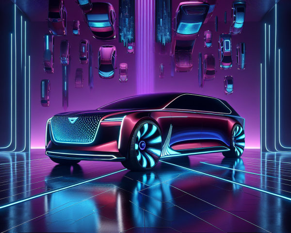 Futuristic Art Deco Car in Neon-Lit Garage Setting