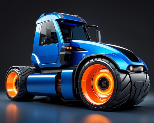 Futuristic Blue Tractor with Orange-Highlighted Wheels