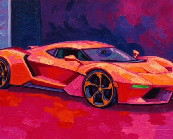 Vibrant Painting of Orange Sports Car in Colorful Setting