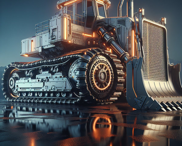 Futuristic bulldozer with neon lights and chrome plating