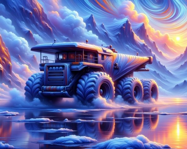 Surreal Landscape with Futuristic Vehicle at Sunset