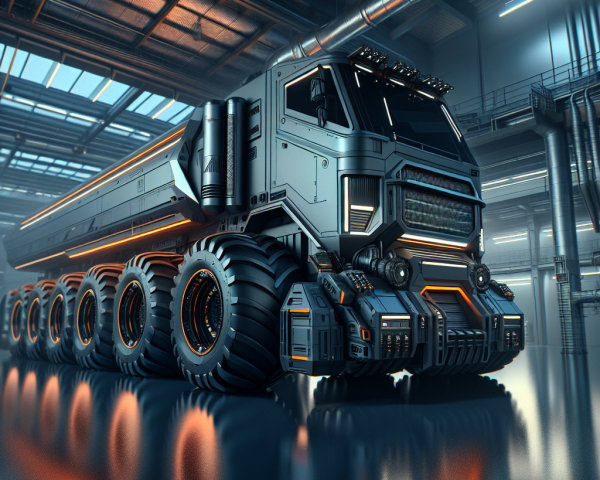 Futuristic Matte Gray Semi-Trailer Truck in Warehouse