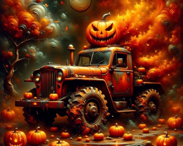 Vintage orange truck in vibrant autumn landscape