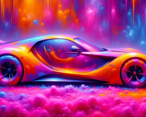 Vibrant Sports Car Against Surreal Colorful Backdrop