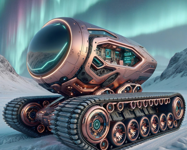 Futuristic Copper Tank on Snowy Landscape with Aurora