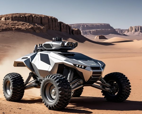 Futuristic rover exploring a vast sandy landscape