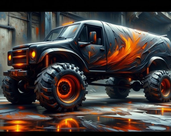 Modified Truck with Orange Flames and Rugged Features