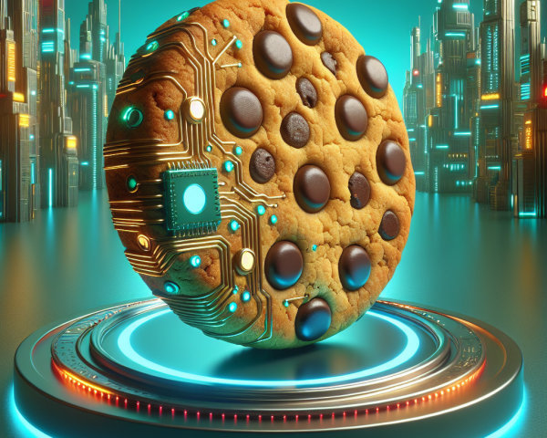Futuristic Chocolate Chip Cookie on Neon Pedestal
