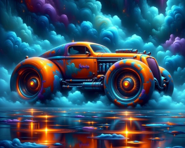 Retro Car with Colorful Cloud Backdrop