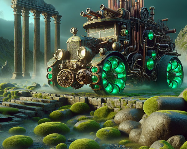 Steampunk Fantasy Car on Mossy Stone Platform