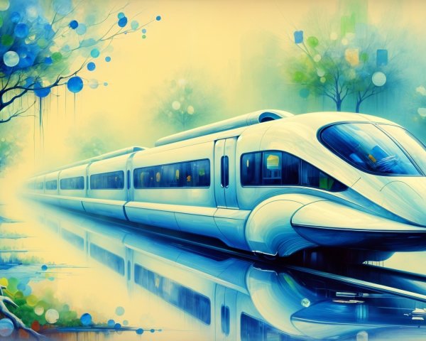 Futuristic train on shimmering tracks in ethereal landscape