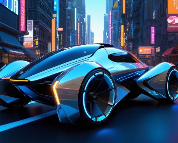 Futuristic Car in Neon Cityscape with Advanced Design