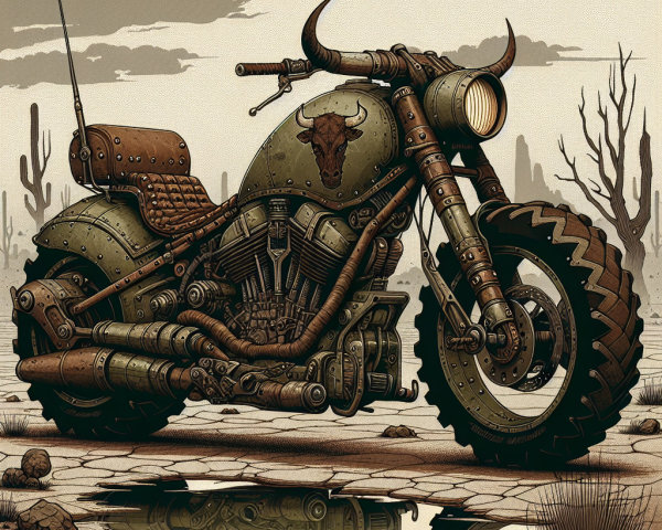 Steampunk Motorcycle in Desert Landscape with Cacti