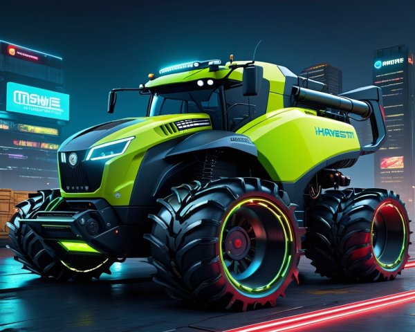 Futuristic Green Monster Tractor in Neon Urban Setting