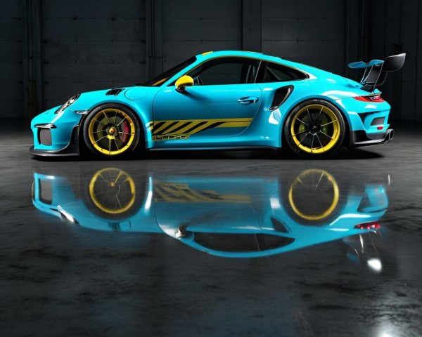 Turquoise Sports Car with Yellow Accents in Garage