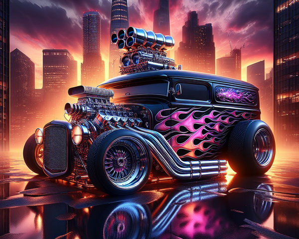 1930s Black Hot Rod with Flame Detailing and Chrome Features