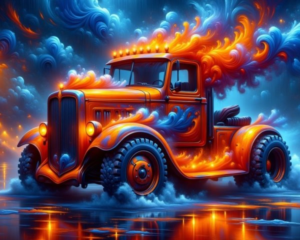 Vibrant Retro Truck in Dreamlike Fiery Landscape