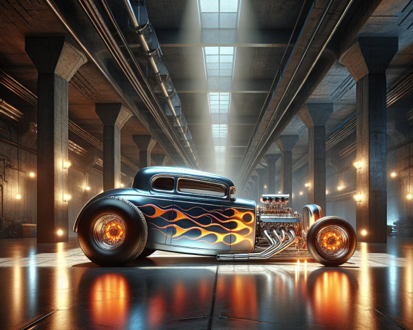 Vintage hot rod in an industrial garage setting