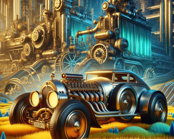 Steampunk Hot Rod Car in a Vibrant Fantasy Landscape