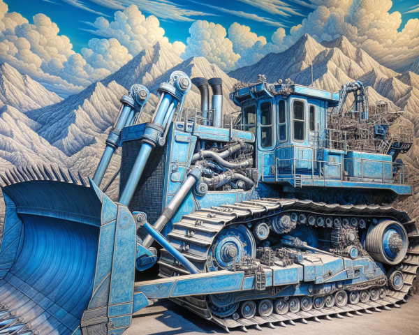 Blue Bulldozer Against Mountainous Landscape and Sky