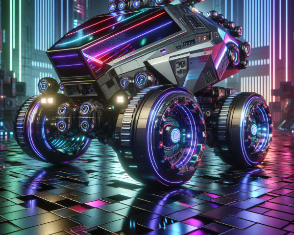 Futuristic Armored Vehicle in Neon Cityscape at Night