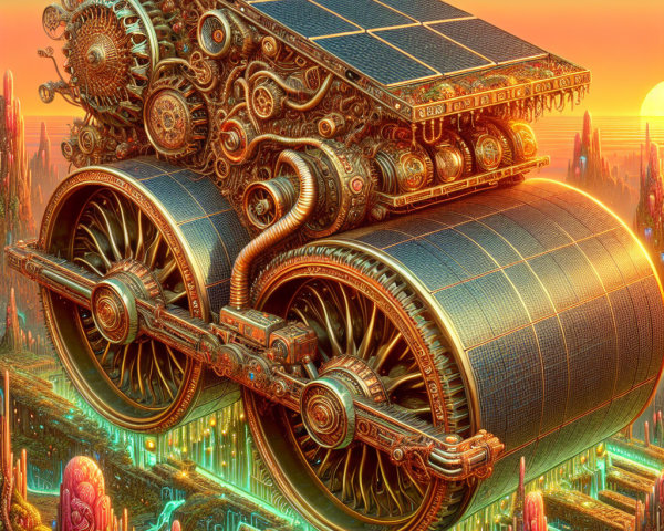 Steam-punk Vehicle with Solar Wheels in Vibrant Landscape