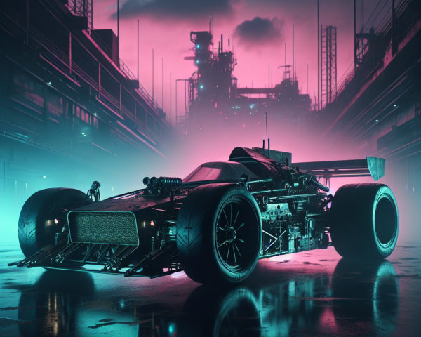 Cyberpunk Formula Race Car in Futuristic Cityscape