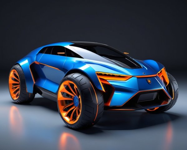 Futuristic sports car with sleek blue and orange design