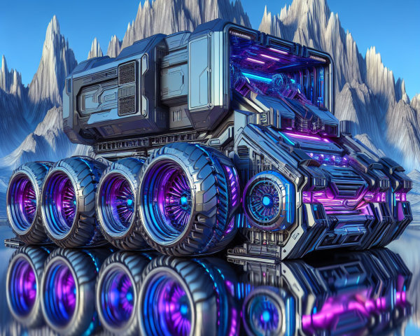 Futuristic vehicle with illuminated wheels in icy landscape