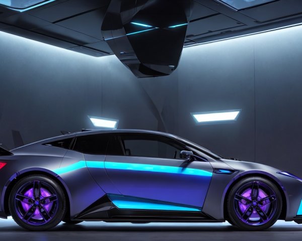 Futuristic Car Design in Neon-Lit Environment