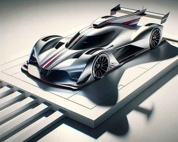 Futuristic Silver Racing Car on White Platform