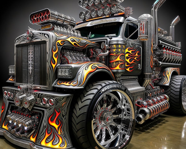 Custom Semi-Truck with Chrome and Flame Graphics
