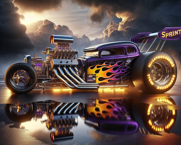 Custom Hot Rod with Purple Flames Under Dramatic Sky