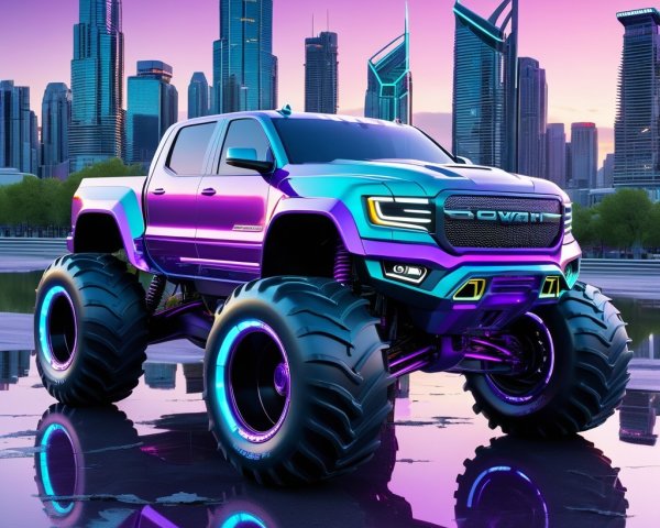 Futuristic Monster Truck with Vibrant Colors and Skyscrapers