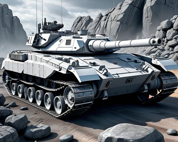 Modern tank on rocky terrain under dramatic sky